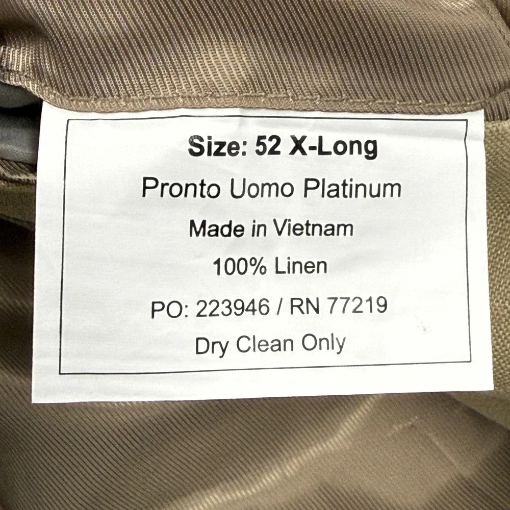 Pronto Uomo Platinum Mens Tan 100% Linen Blazer Sport Coat 52 Extra Long NWT